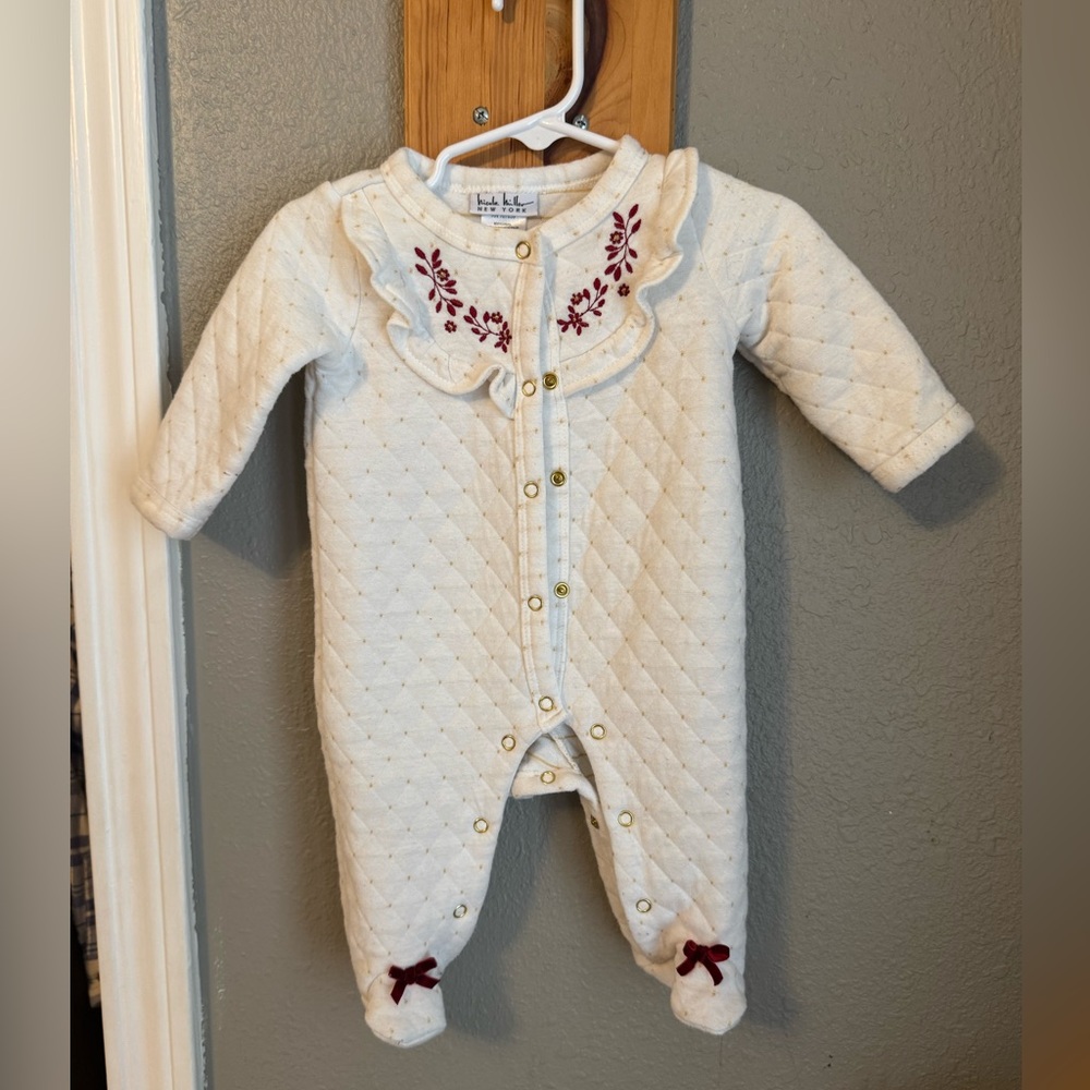 Cream Quilted Footie with Red Embroidery